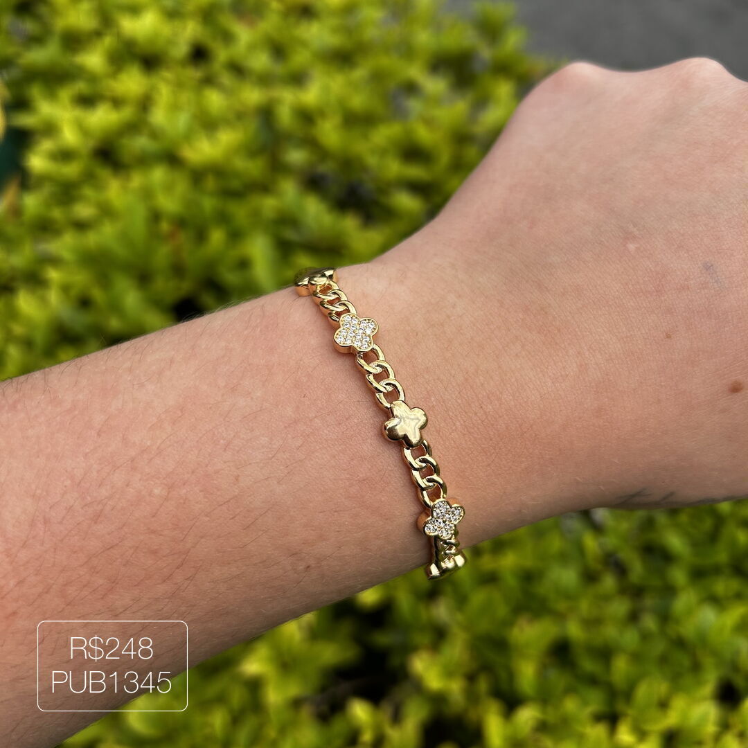 Bracelete Trevo Cravejado e Liso Corrente Cristal Dourado